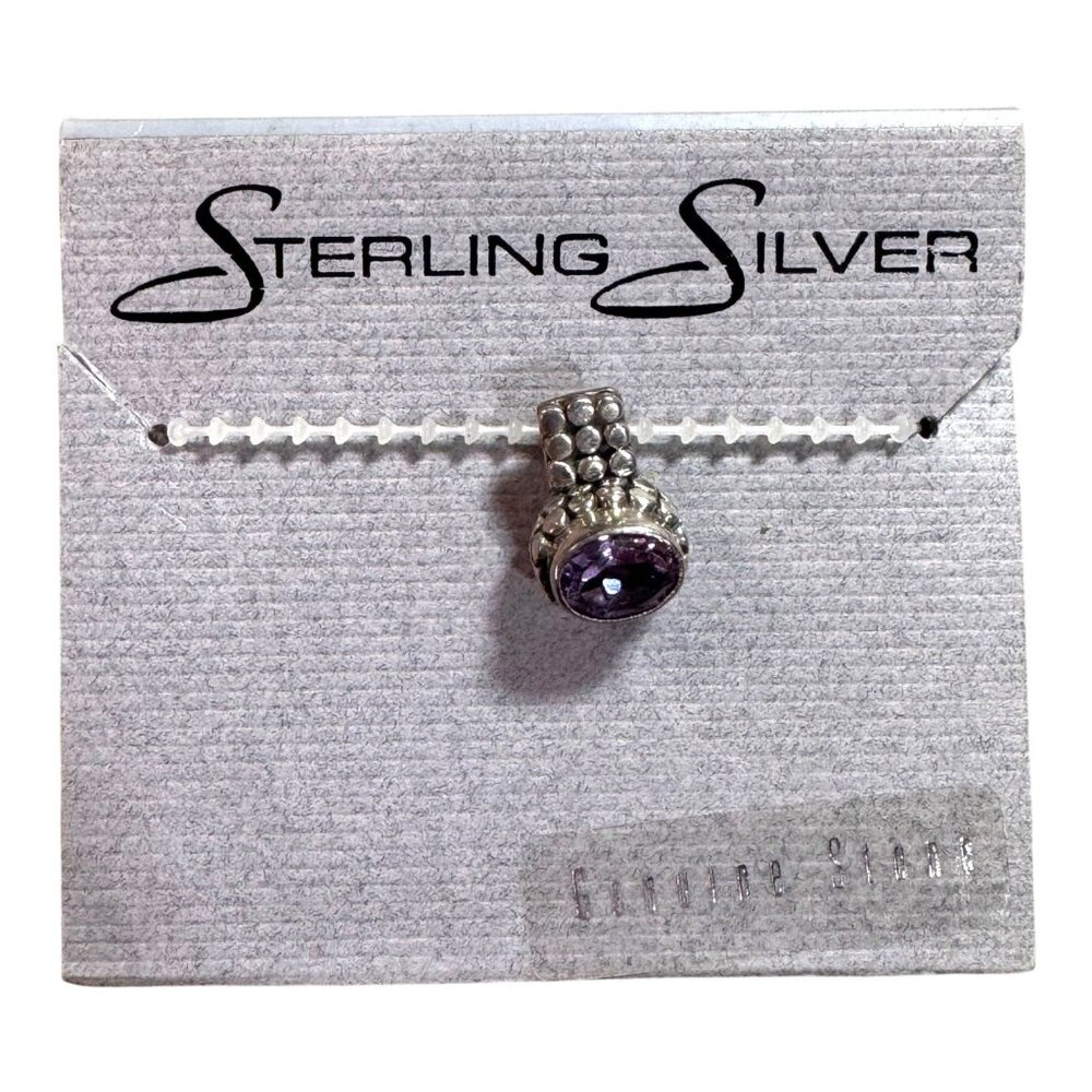Sterling Silver Amethyst Pendant Small Petite Dainty Signed Slide Charm Purple